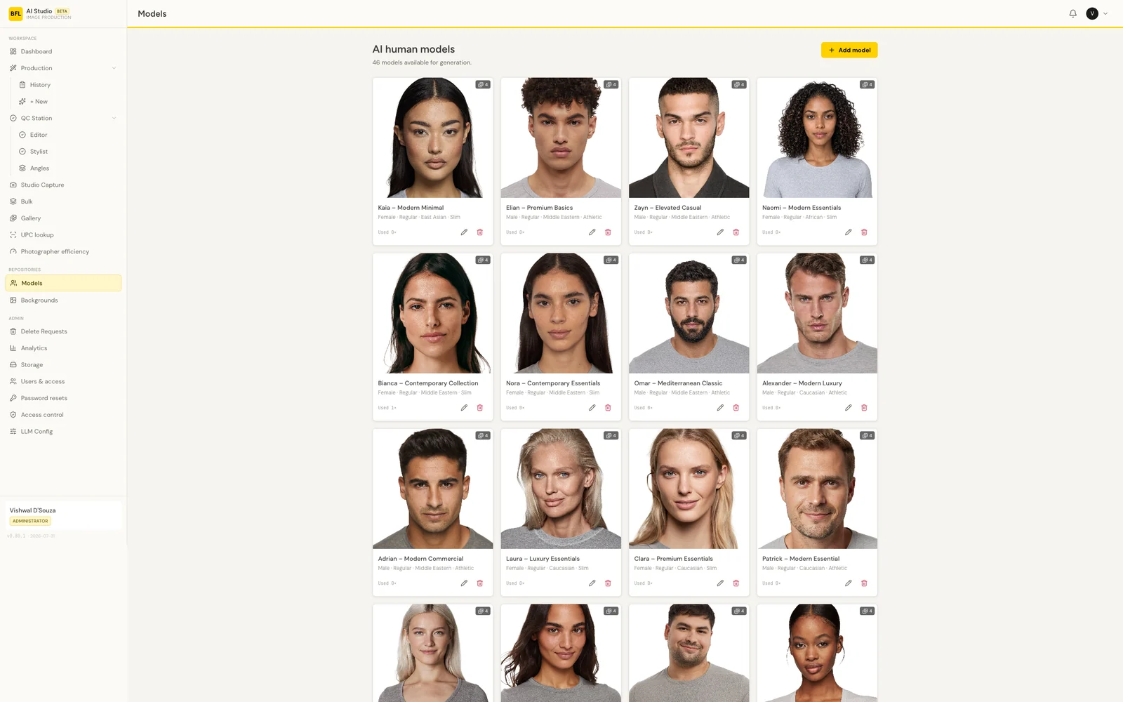 Model repository listing the AI human models available for generation, each recorded with gender, build and fit attributes.