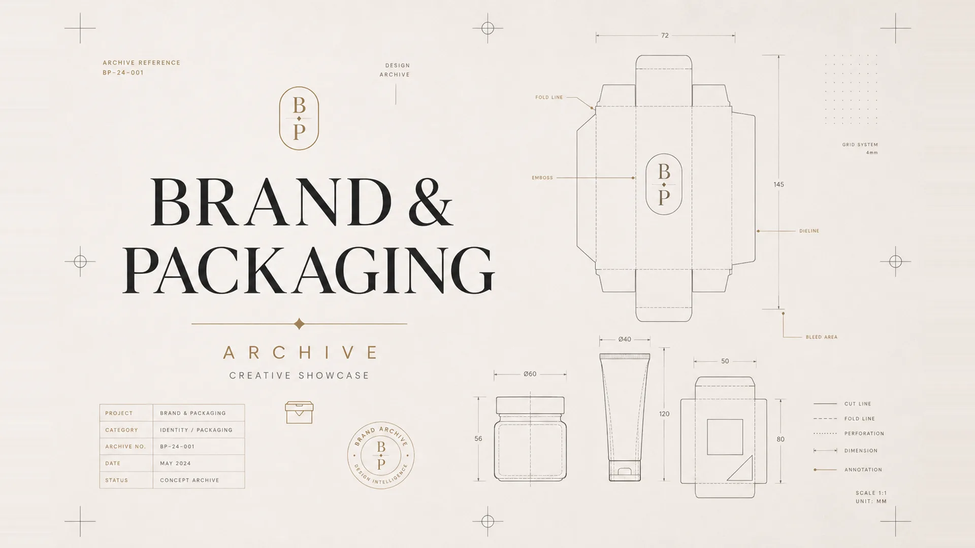 Brand and Packaging Archive cover: a warm off-white technical sheet with the title beside an illustrative carton dieline, a jar and a tube drawing, a monogram mark, and a legend for cut, fold, perforation and dimension lines. The drawings are decorative, not production artwork.