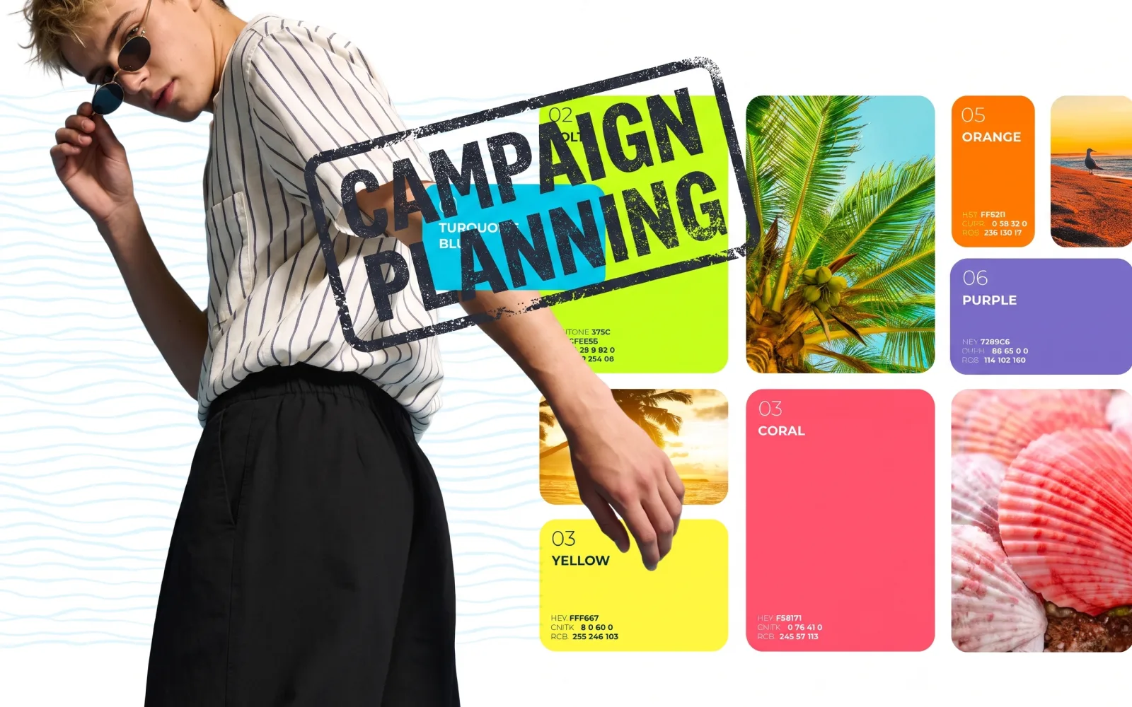 Summer campaign planning board: a six-colour palette — turquoise blue, volt, coral, yellow, orange and purple — with Pantone, HEX, CMYK and RGB values, set against tropical reference photography and a styled model shot.