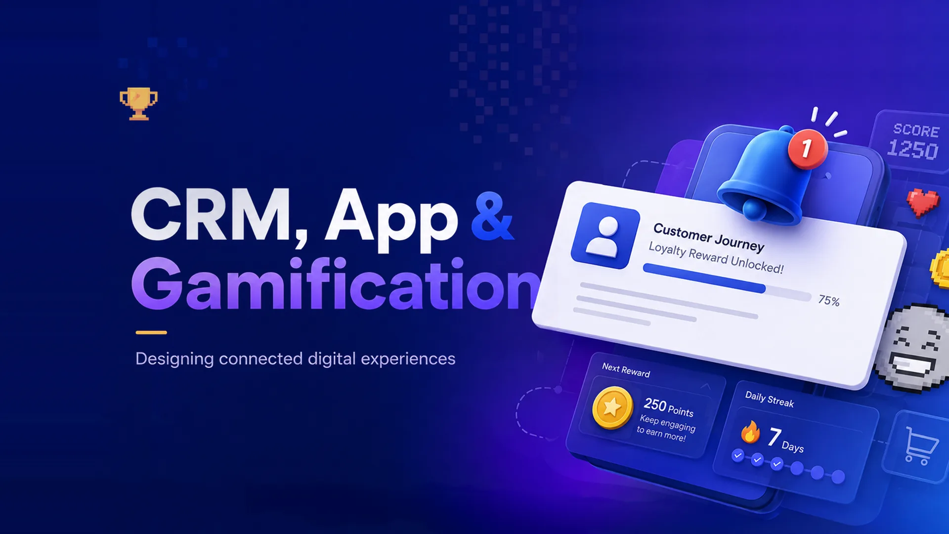 CRM, App and Gamification cover: a 3D illustration on deep blue showing a customer-journey card with a loyalty progress bar at 75 per cent, a notification bell, and reward tiles for points and a seven-day streak, framed by pixel-art game icons.