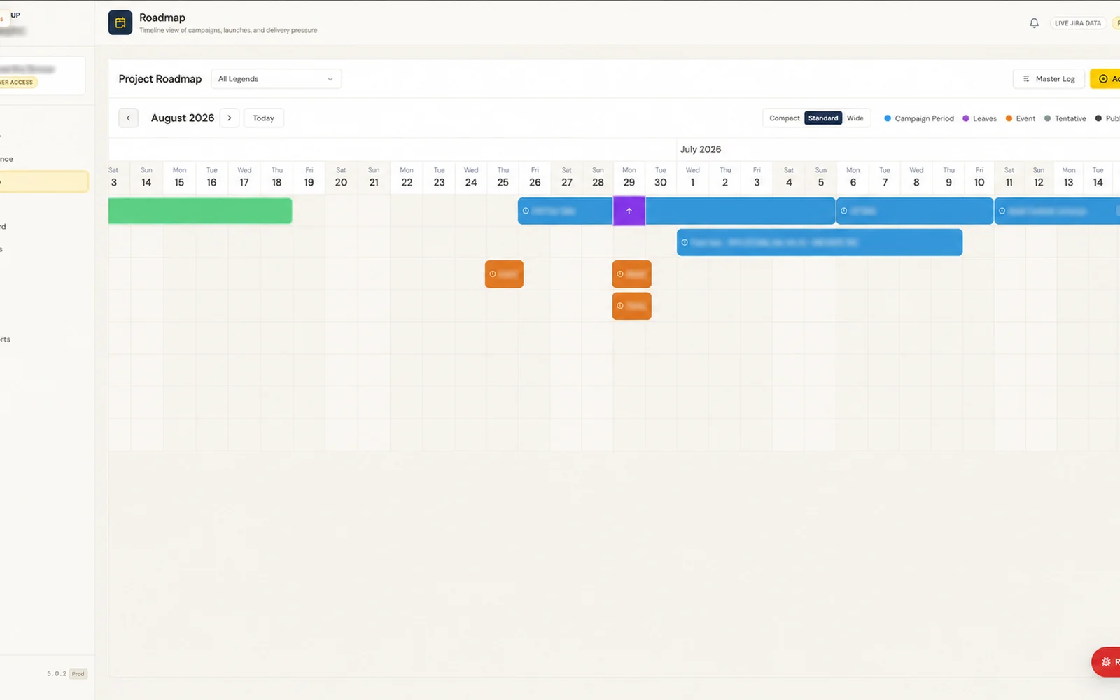 Roadmap timeline of campaigns, launches and delivery pressure across months, with campaign periods, leave, events and public holidays on one view.